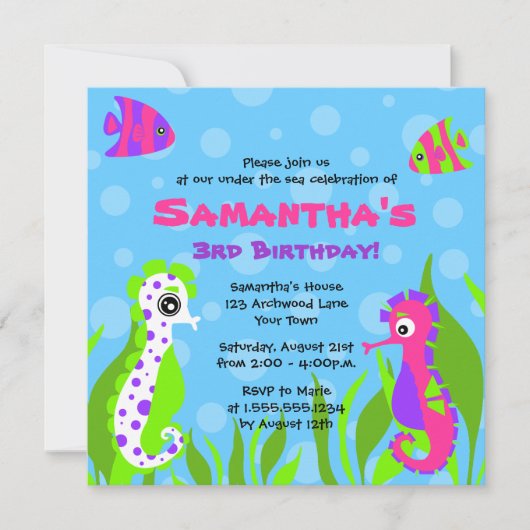 海の海のテーマの子供の誕生日のパーティーの下 招待状 (正面)