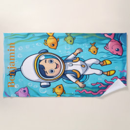 海の海の生活を持つ小さなスキューバダイバー ビーチタオル