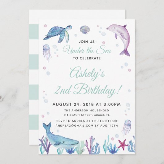 海の海の誕生日のパーティの招待状の下 招待状 (正面/裏面)