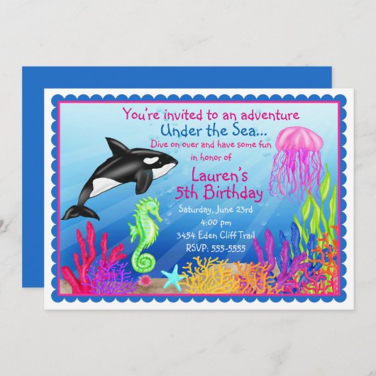 海の海の誕生日の招待状の下 招待状 (正面/裏面)
