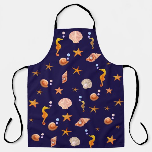 海の海の馬、海の貝殻とネイビーブルーの真珠 エプロン (正面)