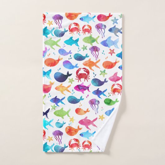 海の海兵隊員の下の虹の水彩画の魚 バスタオルセット (ハンドタオル)