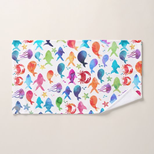 海の海兵隊員の下の虹の水彩画の魚 バスタオルセット (ハンドタオル)