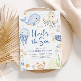 海の海動物の少年の下に2番目の誕生日 招待状