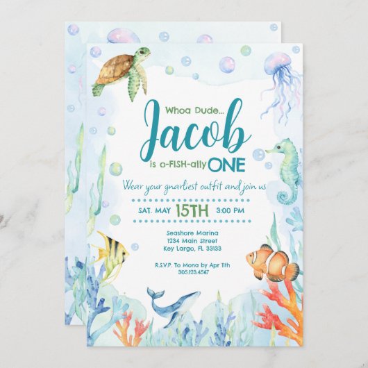 海の海動物の誕生日の招待の下 招待状 (正面/裏面)