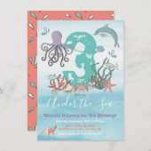 海の海動物の誕生日パーティーの下 招待状 (正面/裏面)