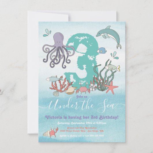 海の海動物の誕生日パーティーの下 招待状 (正面)