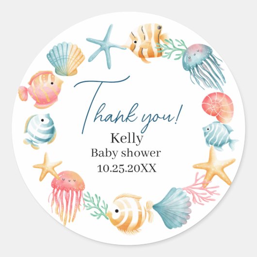 海の海水色の下で赤ちゃん感謝していシャワーy ラウンドシール (正面)