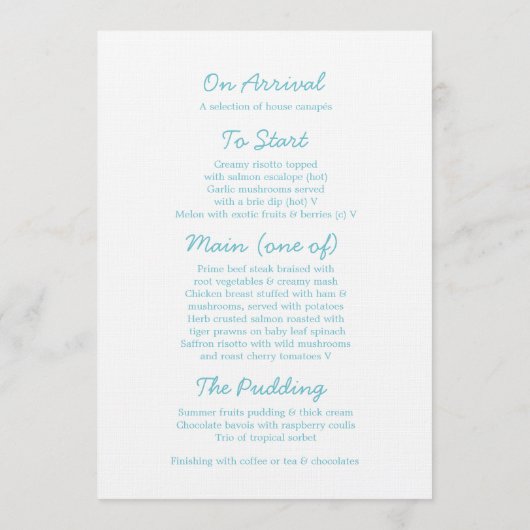 海の渦巻きスターブルー&ホワイトの結婚ディナーメニュー メニュー (裏面)