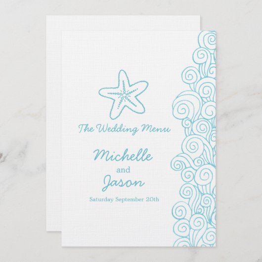 海の渦巻きスターブルー&ホワイトの結婚ディナーメニュー メニュー (正面/裏面)