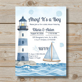 海の灯台 赤ちゃんのお披露目会（男の子） - Ahoy It's a Boy Nautical Li 招待状