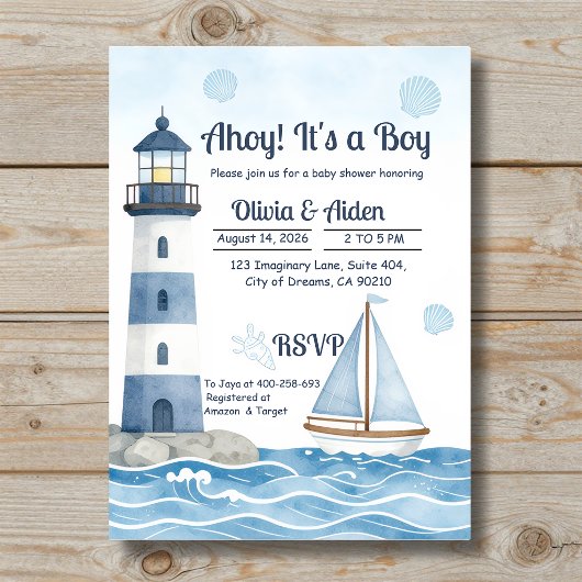 海の灯台 赤ちゃんのお披露目会(男の子) - Ahoy It's a Boy Nautical Li 招待状