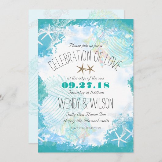 海の熱帯魚の下で愛のお祝い 招待状 (正面/裏面)
