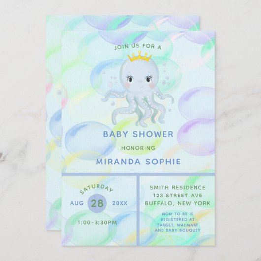 海の王子タコ少年の赤ちゃんシャワーの下 招待状 (正面/裏面)