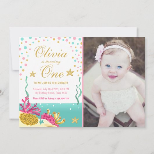 海の珊瑚礁の誕生日の招待にピンク 招待状 (正面)