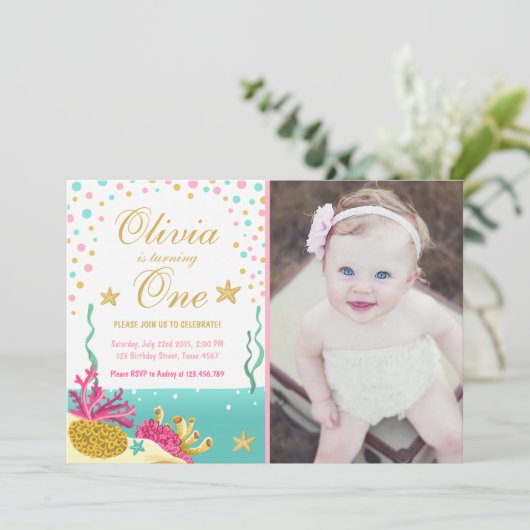 海の珊瑚礁の誕生日の招待にピンク 招待状 (スタンド正面)