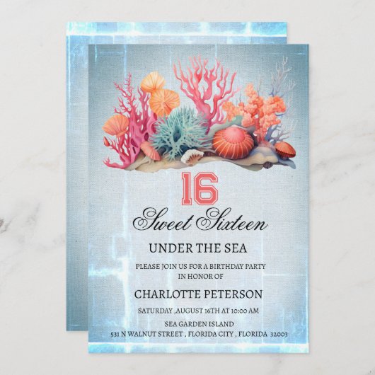 海の甘い16の誕生日パーティーの下でパーソナライズ 招待状 (正面/裏面)