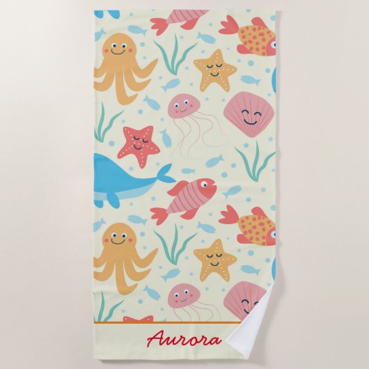 海の生き物おもしろいカラフルのカスタム下 ビーチタオル (正面)