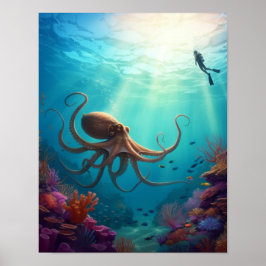海の生き物がダイバーを発見 ポスター