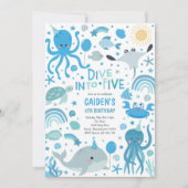 海の生き物たちと一緒に5歳の誕生日パーティー 招待状 (正面)