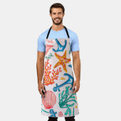 海の生き物とのシームレスなパターン エプロン (着用した状態)