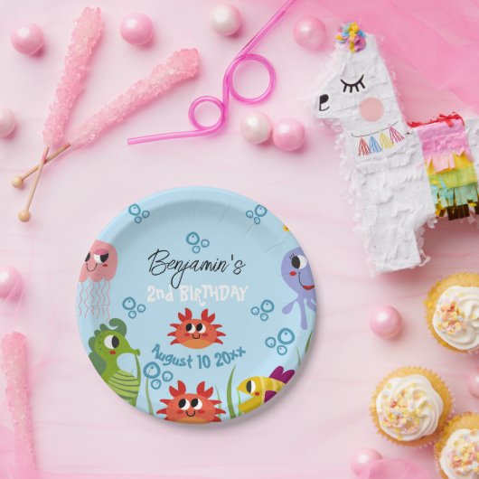 海の生き物のお洒落誕生会の下で ペーパープレート (パーティー)