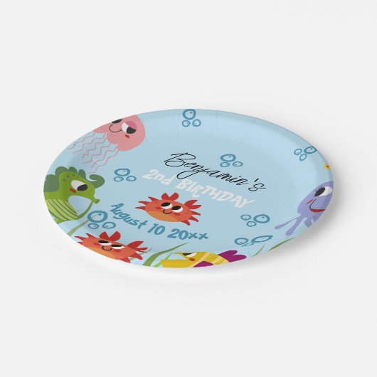 海の生き物のお洒落誕生会の下で ペーパープレート (アングル)