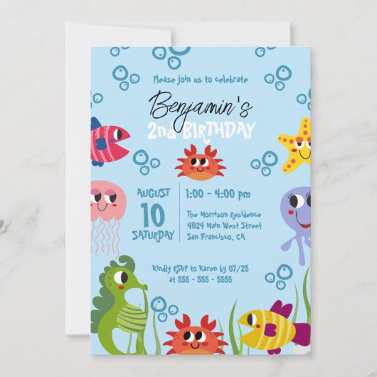 海の生き物のお洒落誕生会の下で 招待状 (正面)
