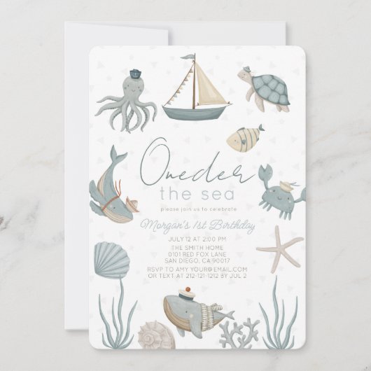 海の生き物のブルーボーイのワンダー1st誕生日 招待状 (正面)
