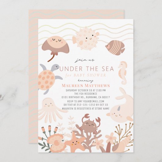 海の生き物の下でピンクのボホベイビーシャワー 招待状 (正面/裏面)