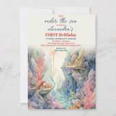 海の生き物の下で海の生き物の生活1st誕生日 招待状 (正面)