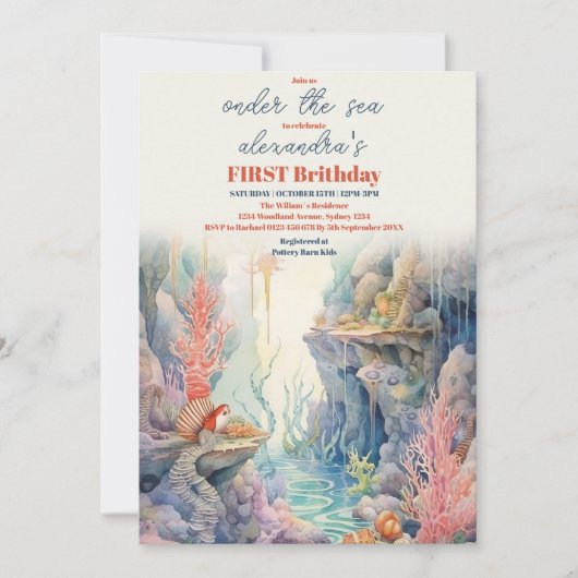 海の生き物の下で海の生き物の生活1st誕生日 招待状 (正面)