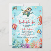 海の生き物の下にかわいいウミガメ赤ちゃんシャワー 招待状 (正面)