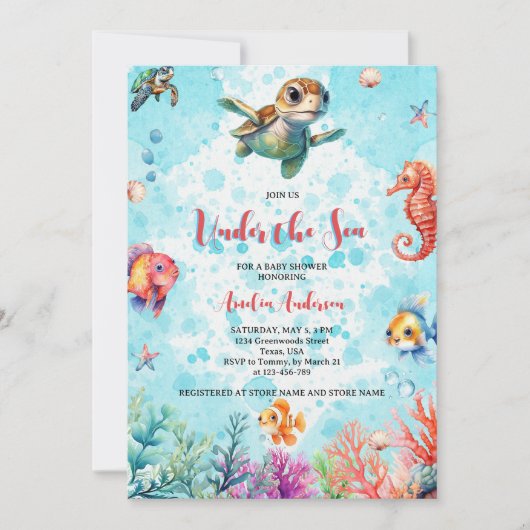 海の生き物の下にかわいいウミガメ赤ちゃんシャワー 招待状 (正面)