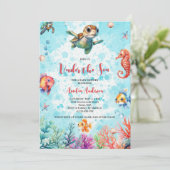 海の生き物の下にかわいいウミガメ赤ちゃんシャワー 招待状 (スタンド正面)