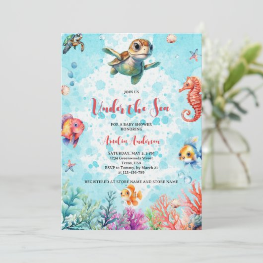 海の生き物の下にかわいいウミガメ赤ちゃんシャワー 招待状 (スタンド正面)
