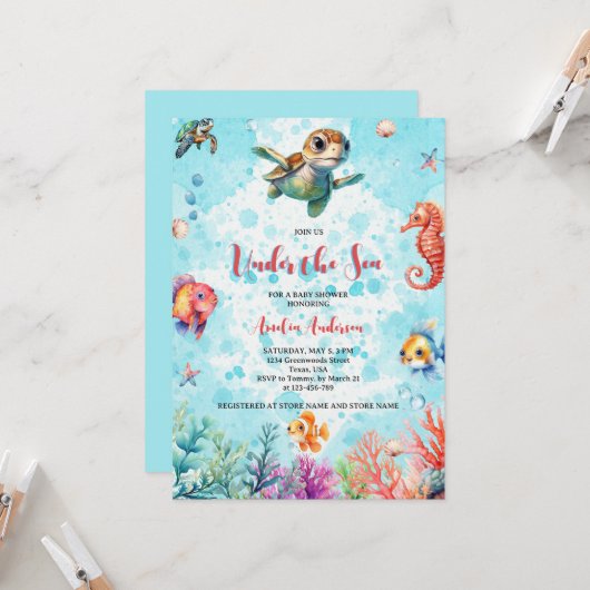 海の生き物の下にかわいいウミガメ赤ちゃんシャワー 招待状 (正面/裏面インサイチュ)