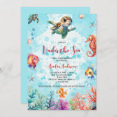 海の生き物の下にかわいいウミガメ赤ちゃんシャワー 招待状 (正面/裏面)