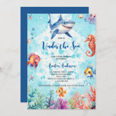 海の生き物の下にかわいいサメ赤ちゃんシャワー 招待状 (正面/裏面)