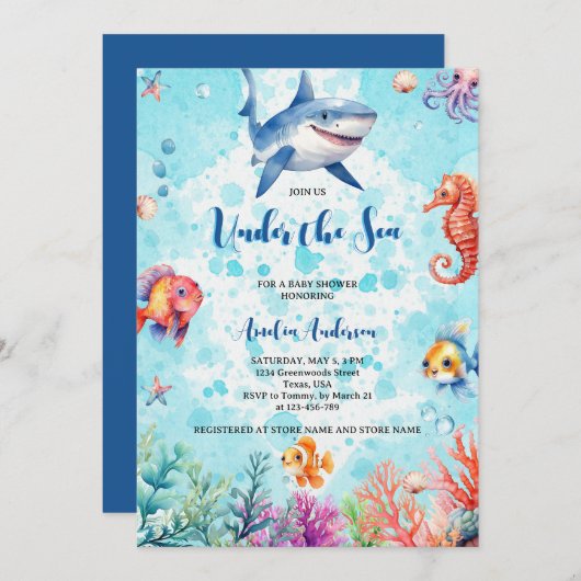 海の生き物の下にかわいいサメ赤ちゃんシャワー 招待状 (正面/裏面)