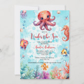 海の生き物の下にかわいいタコ赤ちゃんシャワー 招待状 (正面)