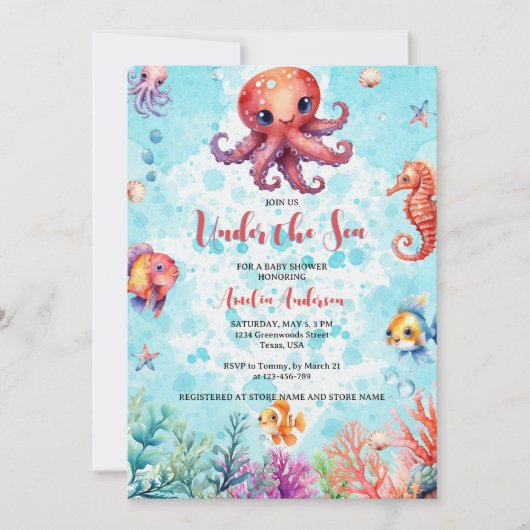 海の生き物の下にかわいいタコ赤ちゃんシャワー 招待状 (正面)