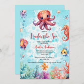 海の生き物の下にかわいいタコ赤ちゃんシャワー 招待状 (正面/裏面)