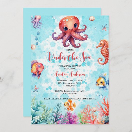 海の生き物の下にかわいいタコ赤ちゃんシャワー 招待状 (正面/裏面)