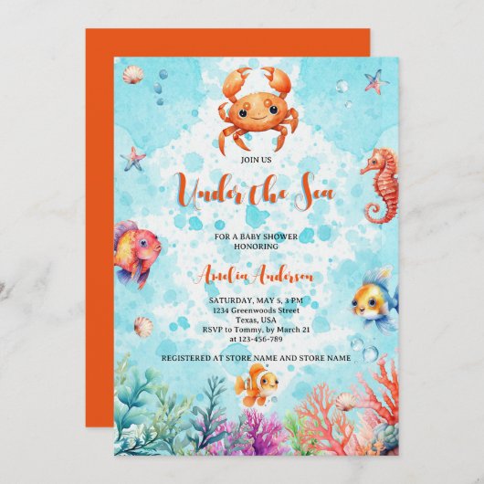 海の生き物の下のかわいいカニ赤ちゃんシャワー 招待状 (正面/裏面)