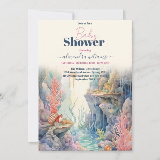 海の生き物の下の水の色ベビーシャワー 招待状 (正面)