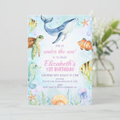 海の生き物の下の水色の最初の誕生日 招待状 (スタンド正面)