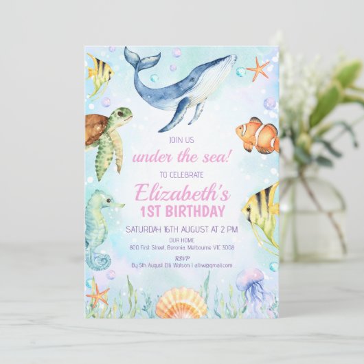 海の生き物の下の水色の最初の誕生日 招待状 (スタンド正面)