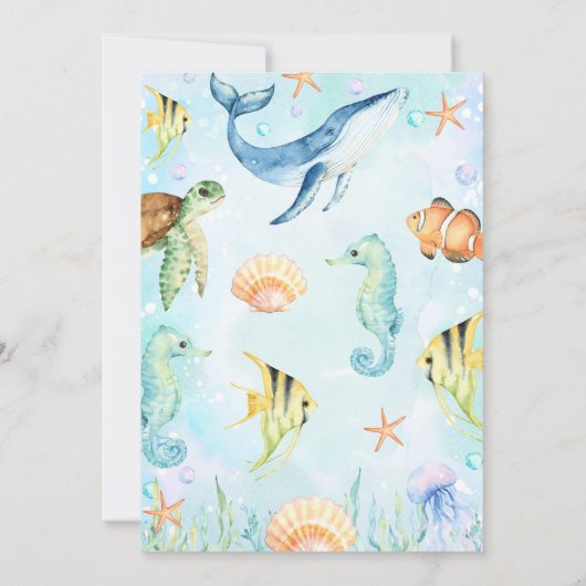 海の生き物の下の水色の最初の誕生日 招待状 (裏面)