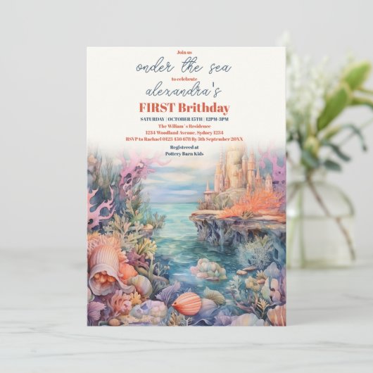 海の生き物の下の水色の最初の誕生日 招待状 (スタンド正面)